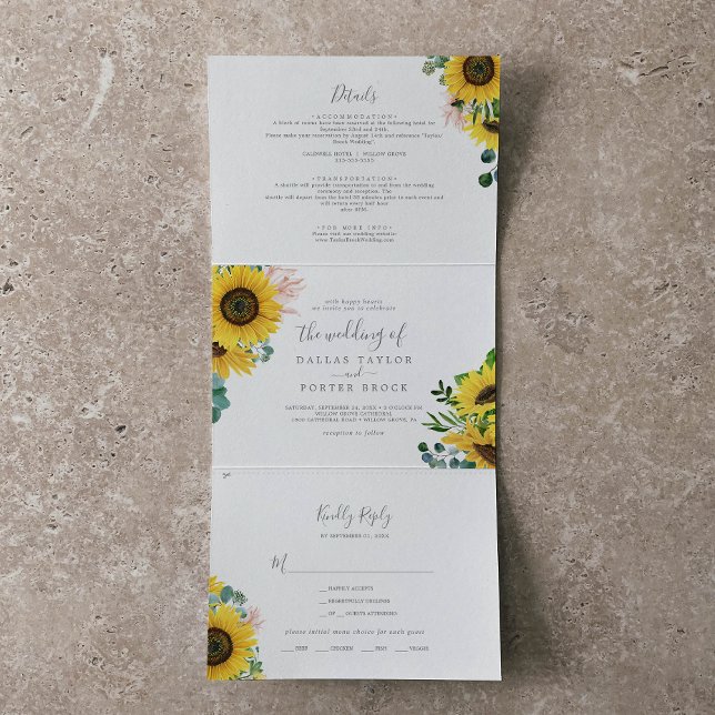 Convite Com Dobra Tripla Foto Rustic Sunflower Casamento Tudo Em Um Único (Criador carregado)