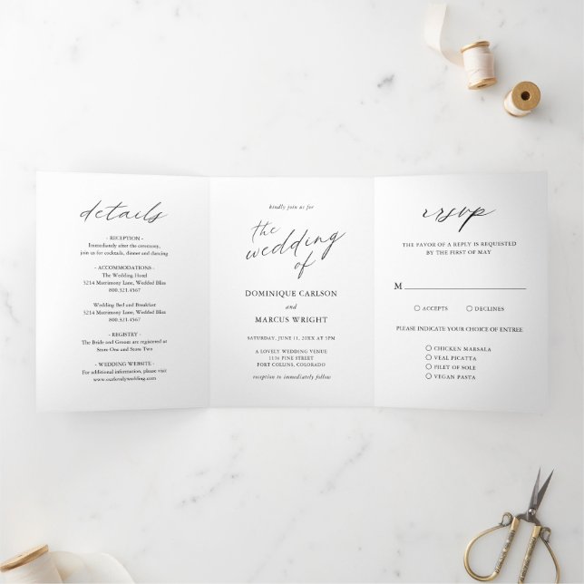 Convite Com Dobra Tripla Fotografia de Caligrafia Elegante Casamento Modern (Dentro)