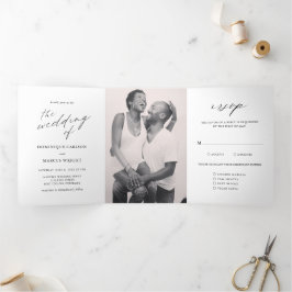 Convite Com Dobra Tripla Fotografia de Caligrafia Elegante Casamento Modern