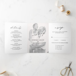 Convite Com Dobra Tripla Fotografia de Caligrafia Elegante Casamento Modern