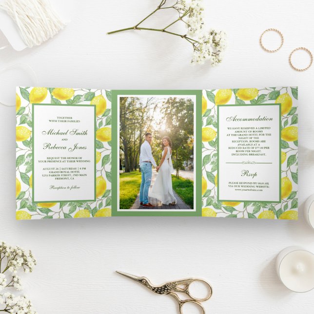 Convite Com Dobra Tripla Fotografia de casamento com limoeiro verde elegant (Criador carregado)