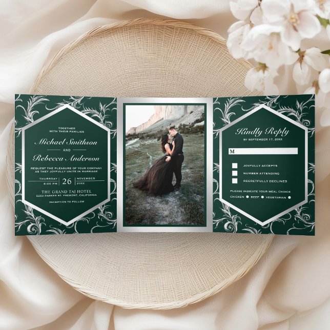 Convite Com Dobra Tripla Fotografia de casamento com redemoinho prateado e  (Criador carregado)