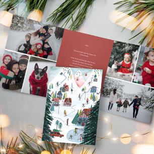 Convite Com Dobra Tripla Fotografia de Natal da Família patinando na cabana