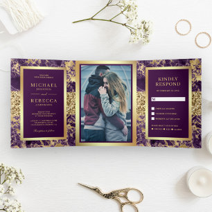 Convite Com Dobra Tripla Fotos Casamento Mármore Roxo Brilho Dourado