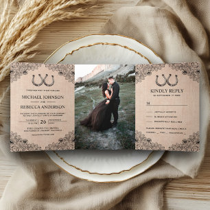 Convite Com Dobra Tripla Fotos de Casamento com Cavalos de Ferradura em Lon