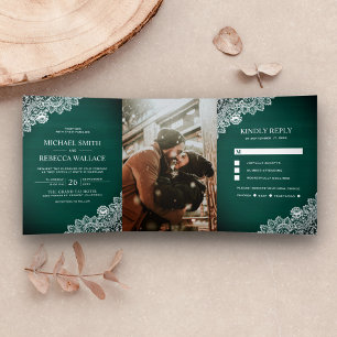 Convite Com Dobra Tripla Fotos de Casamento com Madeira Verde Rústica Count