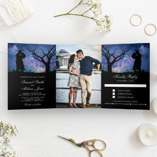 Convite Com Dobra Tripla Fotos de Casamento de Casal Romântico da Galáxia A
