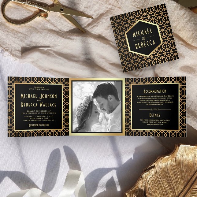 Convite Com Dobra Tripla Fotos de Casamento em Estilo Art Déco Geométrico V (Criador carregado)