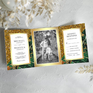 Convite Com Dobra Tripla Fotos de Casamento em Mármore Verde Esmeralda com 