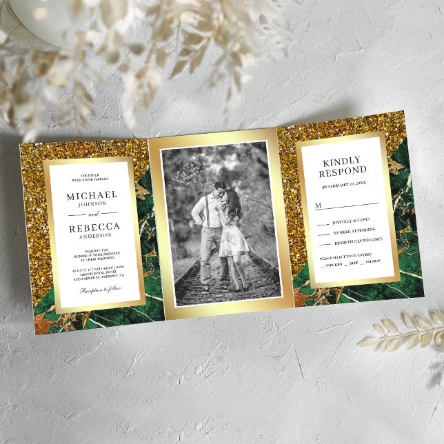 Convite Com Dobra Tripla Fotos de Casamento em Mármore Verde Esmeralda com  (Criador carregado)