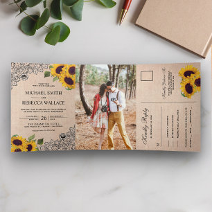 Convite Com Dobra Tripla Fotos de casamento rústico com renda de juta e gir
