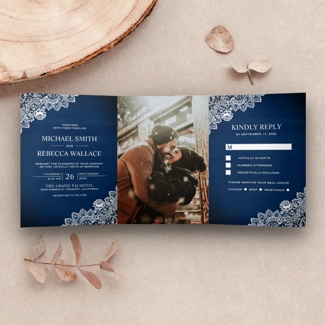 Convite Com Dobra Tripla Fotos de casamento rústico country azul marinho co (Criador carregado)