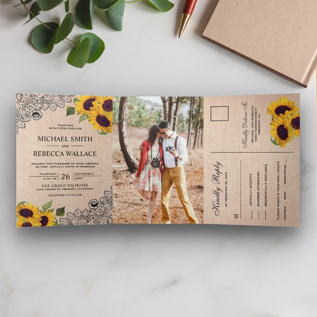 Convite Com Dobra Tripla Fotos de casamento rústico country com renda de ju (Criador carregado)