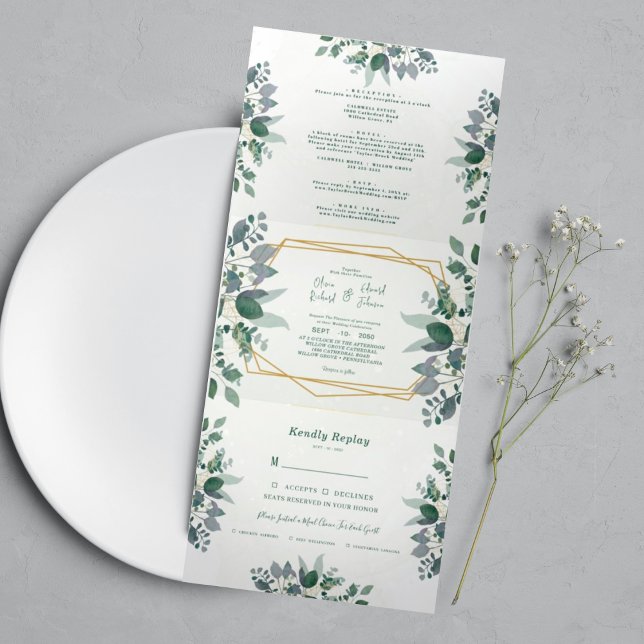 Convite Com Dobra Tripla Frame Geométrico Elegante verde | Casamento fotogr (Criador carregado)