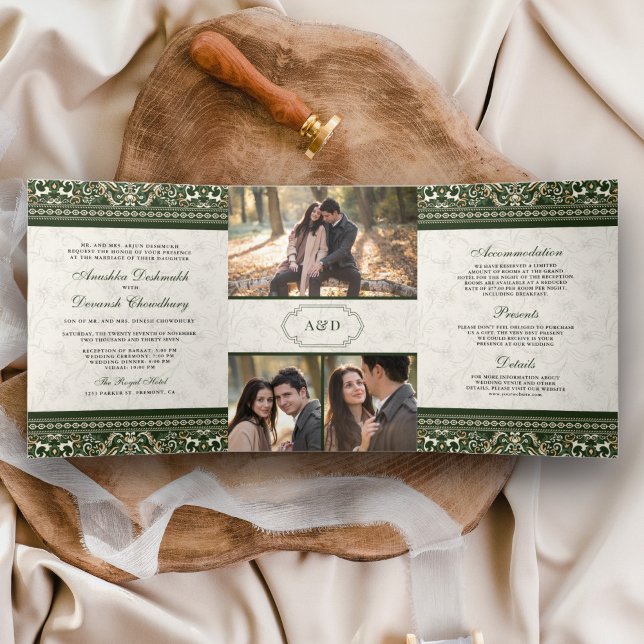 Convite Com Dobra Tripla Fronteira Verde Marfim Tudo em Um Casamento Indian (Criador carregado)
