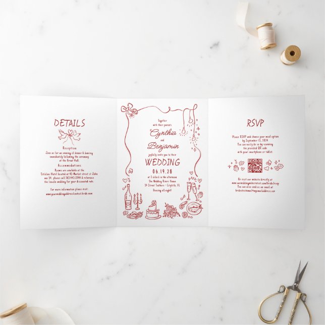 Convite Com Dobra Tripla Funky Whimsical Doodles Modern Red Wedding Photo (Dentro)