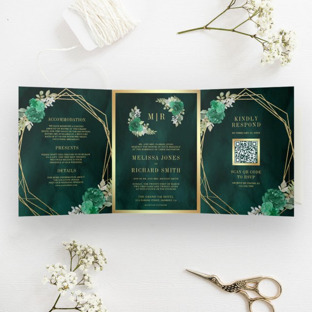 Convite Com Dobra Tripla Geométrico Código QR Floral Verde Esmeralda Casame (Criador carregado)