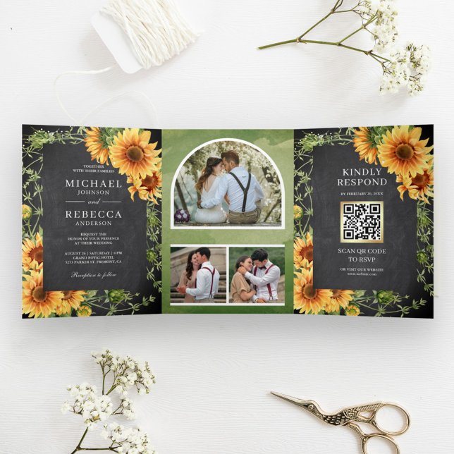 Convite Com Dobra Tripla Girassóis de Lousa Foto Arco Código QR Casamento (Criador carregado)
