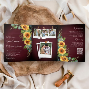 Convite Com Dobra Tripla Girassóis Eucalipto Código QR Casamento Borgonha