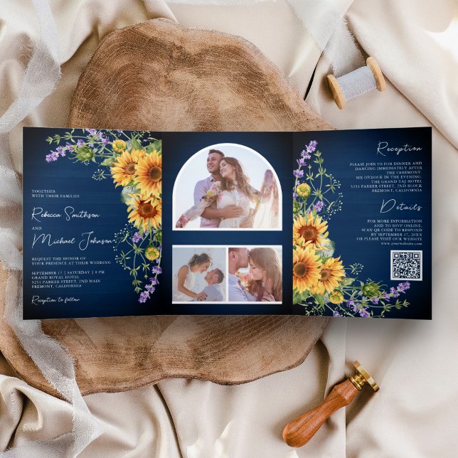 Convite Com Dobra Tripla Girassóis Lavanda Azul Marinho Código QR Casamento (Criador carregado)