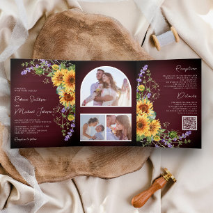 Convite Com Dobra Tripla Girassóis Lavanda Borgonha Código QR Casamento