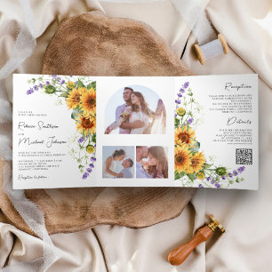 Convite Com Dobra Tripla Girassóis Lavanda Tudo em Um Código QR Casamento
