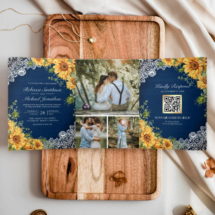 Convite Com Dobra Tripla Girassóis Rústicos Casamento Código QR Madeira Azu