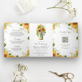 Convite Com Dobra Tripla Girassóis Rústicos Código QR de Casamento em Pote