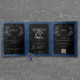 Convite Com Dobra Tripla Gótico Corvo Preto & Rosas Negras Casamento Azul