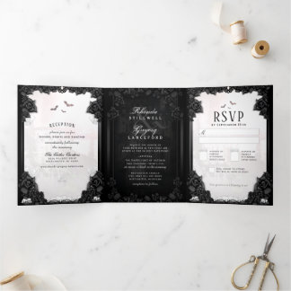 Convite Com Dobra Tripla Gótico Romance Halloween Preto e Branco
