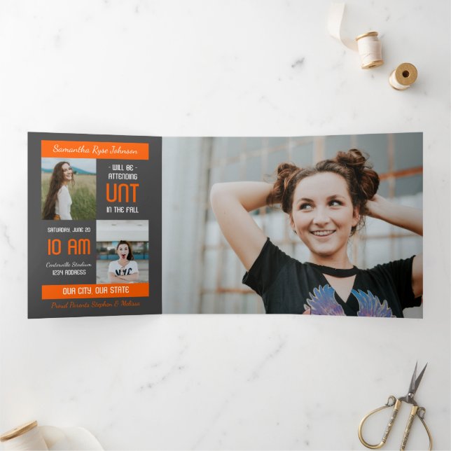 Convite Com Dobra Tripla Graduação de 5 Fotos do Bloco Moderno Laranja (Dentro)