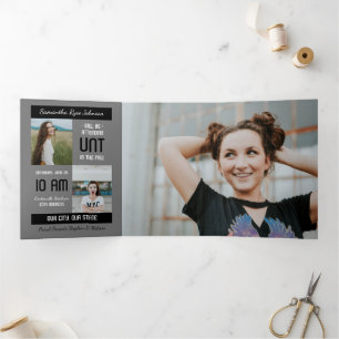 Convite Com Dobra Tripla Graduação de 5 Fotos em Black Modern Block