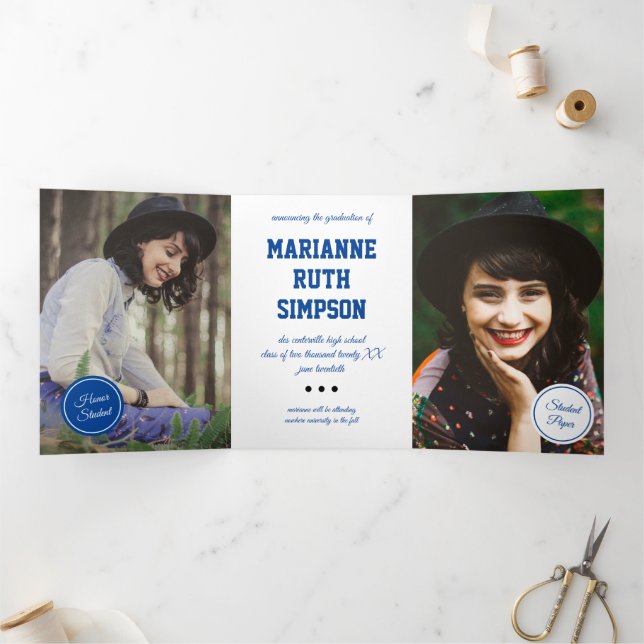 Convite Com Dobra Tripla Graduação de 5 Fotos em Círculos Azuis (Dentro)