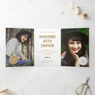 Convite Com Dobra Tripla Graduação de 5 Fotos em Círculos Dourados