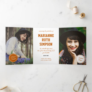 Convite Com Dobra Tripla Graduação de 5 Fotos em Círculos Laranja Queimados