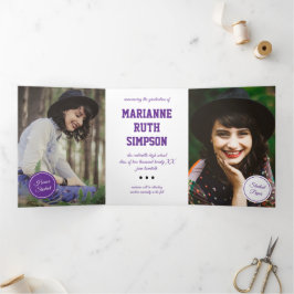 Convite Com Dobra Tripla Graduação de 5 Fotos em Círculos Roxos