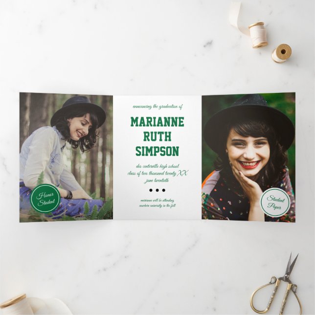 Convite Com Dobra Tripla Graduação de 5 Fotos em Círculos Verdes (Dentro)