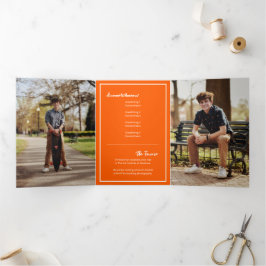 Convite Com Dobra Tripla Graduação de Foto Torn Abstrato de Laranja Edgy