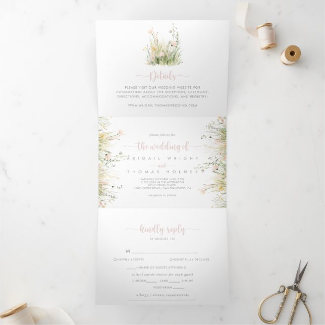 Convite Com Dobra Tripla Greenery Boho Wildflower O Casamento de (Dentro)