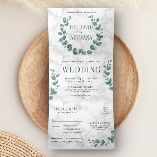 Convite Com Dobra Tripla Grinalda de Eucalipto Simples para Casamento em Má