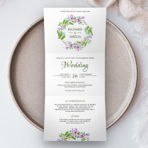 Convite Com Dobra Tripla Grinalda Floral de Aquarela Roxa Foto Casamento