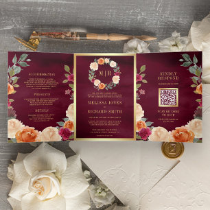 Convite Com Dobra Tripla Grinalda Floral Terrosa Código QR Casamento Borgon