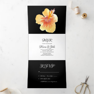 Convite Com Dobra Tripla Hibisco de Verão Tropical em Aquarela Amarelo Lara