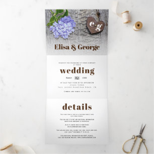 Convite Com Dobra Tripla Hydrangea azul e coração no casamento da madruga