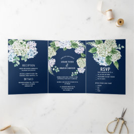 Convite Com Dobra Tripla Hydrangeas brancas azuis no casamento do Marinho