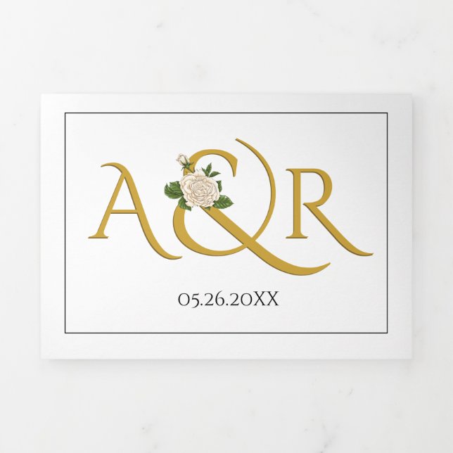 Convite Com Dobra Tripla Iniciais de ouro elegantes com ampersand, rosa cas (Cobrir)