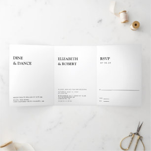 Convite Com Dobra Tripla Inv de casamento Simples e Minimalista Preto e Bra