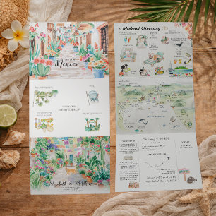 Convite Com Dobra Tripla Itinerário de Casamento em Aquarela em Puerto Vall