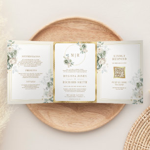 Convite Com Dobra Tripla Ivory Cream Sage Floral Verde Tudo em Um Casamento