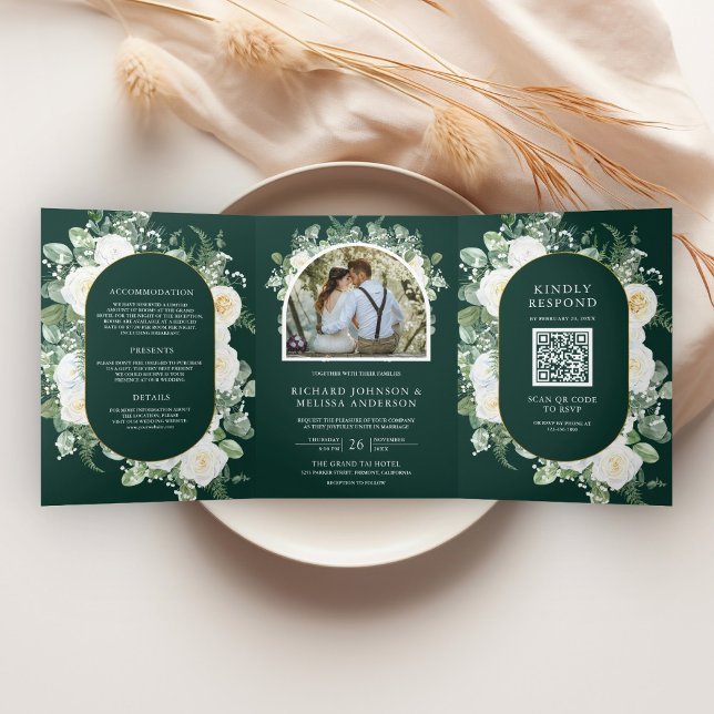Convite Com Dobra Tripla Ivory Floral Photo Emerald Green QR Code Wedding (Criador carregado)
